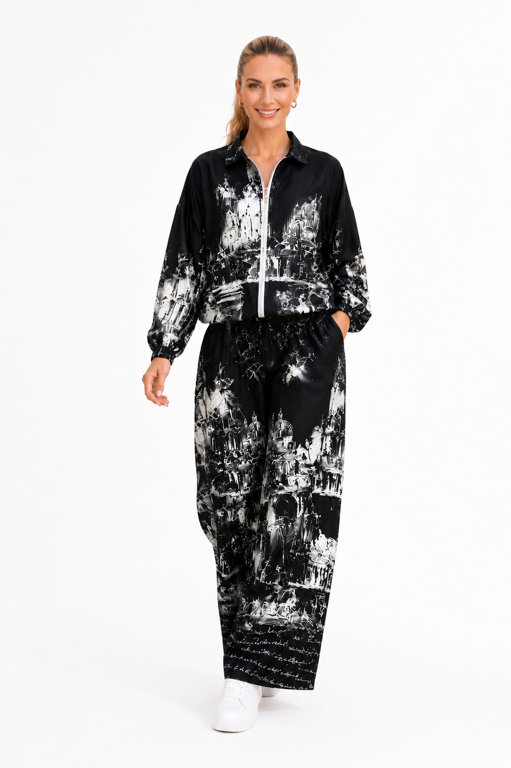 Set damă negru cu imprimeu artistic alb | Jachetă bomber și pantaloni largi eleganți