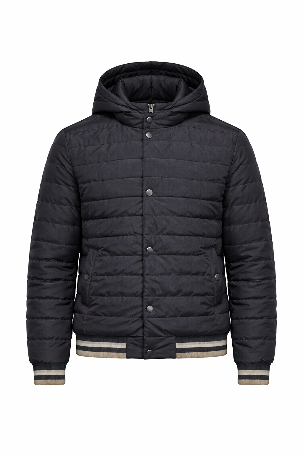 Geacă bărbătească Madzerini dark navy cu glugă, detaliu nasturi metalici și manșete elastice.