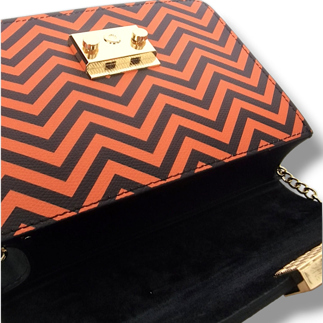 Geantă damă din piele naturală Case Orange Zigzag & Feathers Crossbody | Made in Italy
