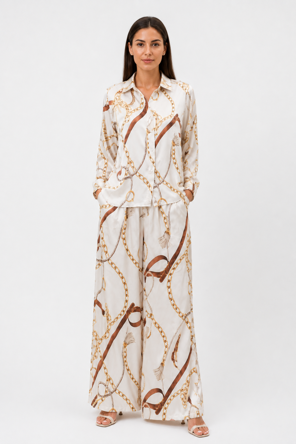 Set damă CHAINS beige Madzerini, viscoză și mătase, imprimeu bej, caramel și auriu, elegant.