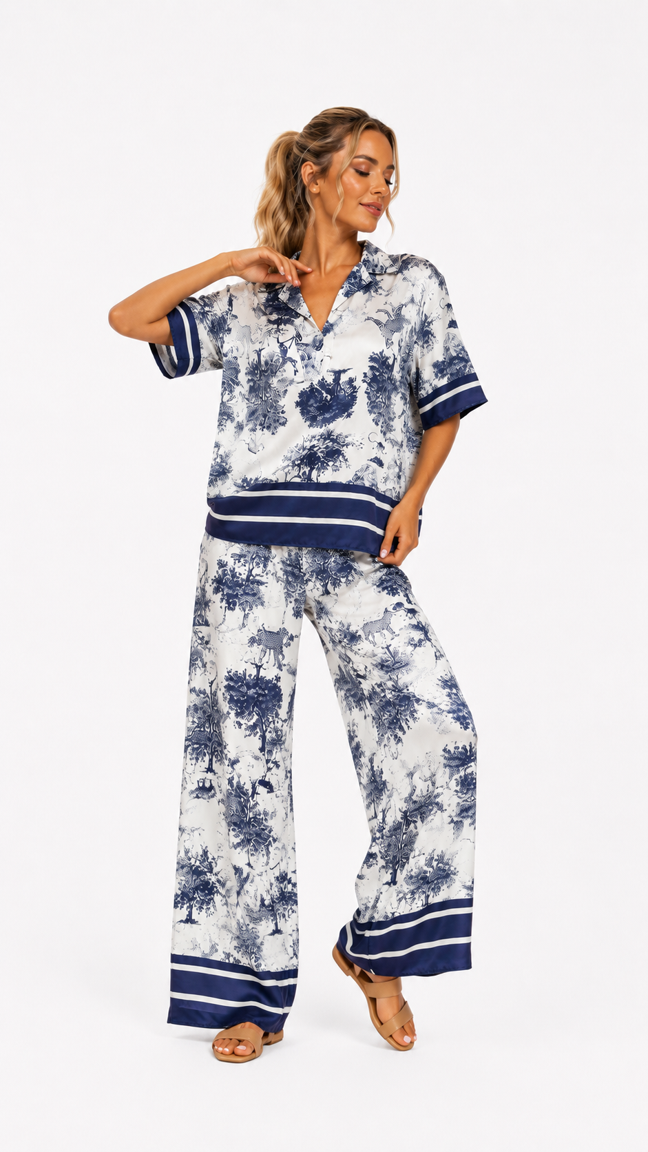 Set damă SAFARI Maddzerini, viscoză și mătase, imprimeu alb-albastru royal, bluza și pantaloni.