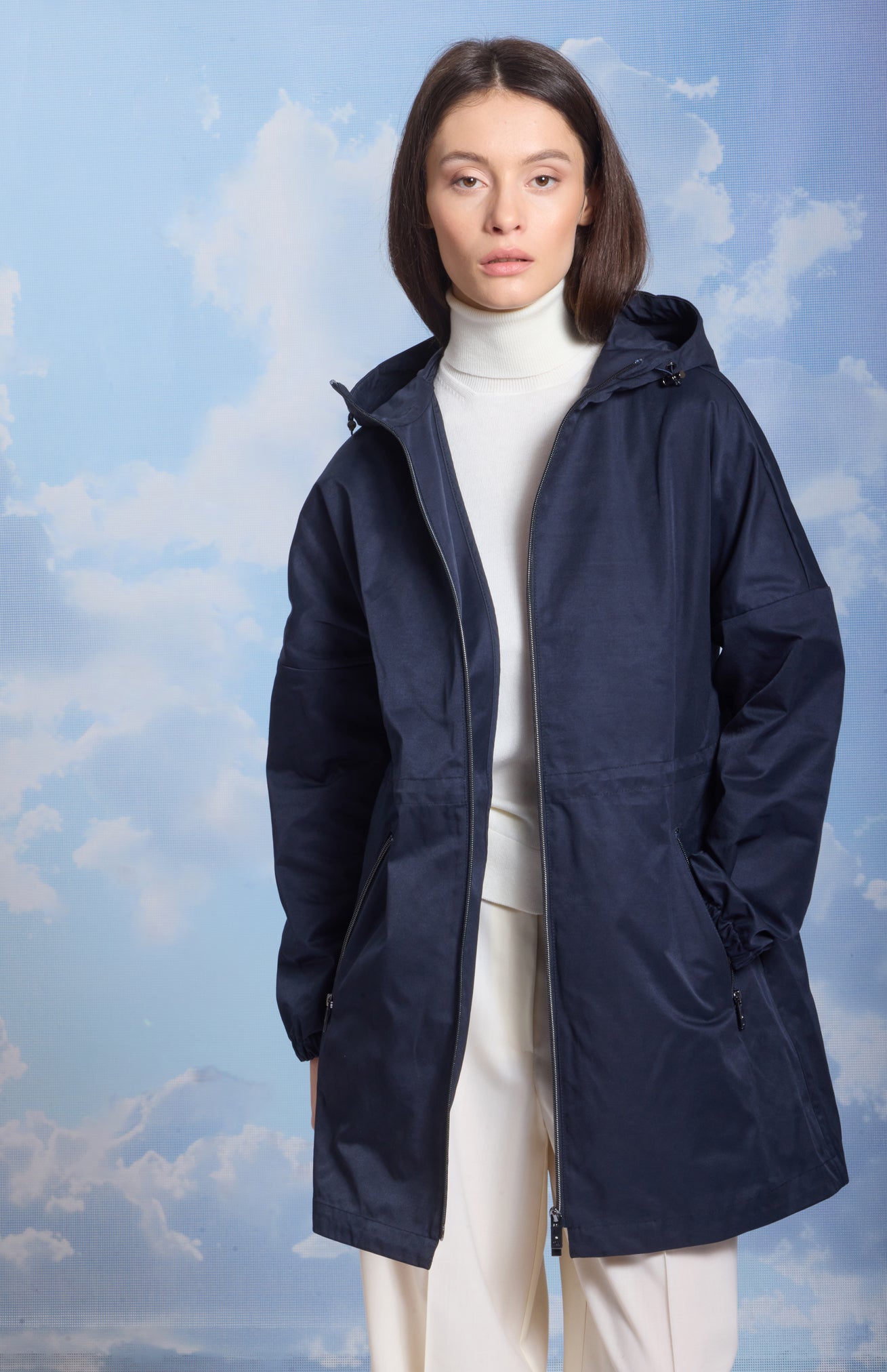 Trenci damă dark navy bumbac Madzerini cu glugă, mărime 36-40.
