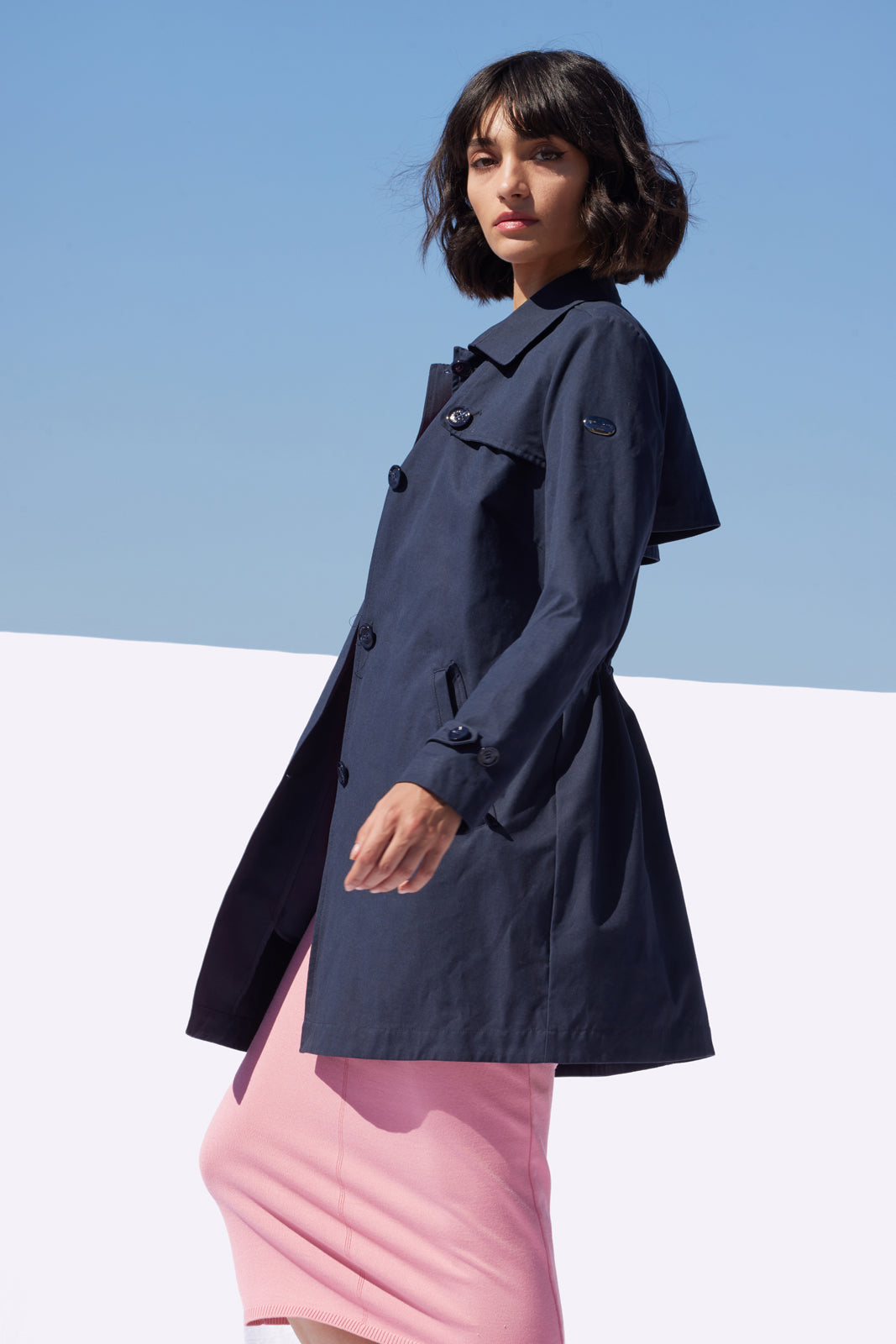 Trenci damă PIA Madzerini dark navy, design minimalist, fără umplutură.