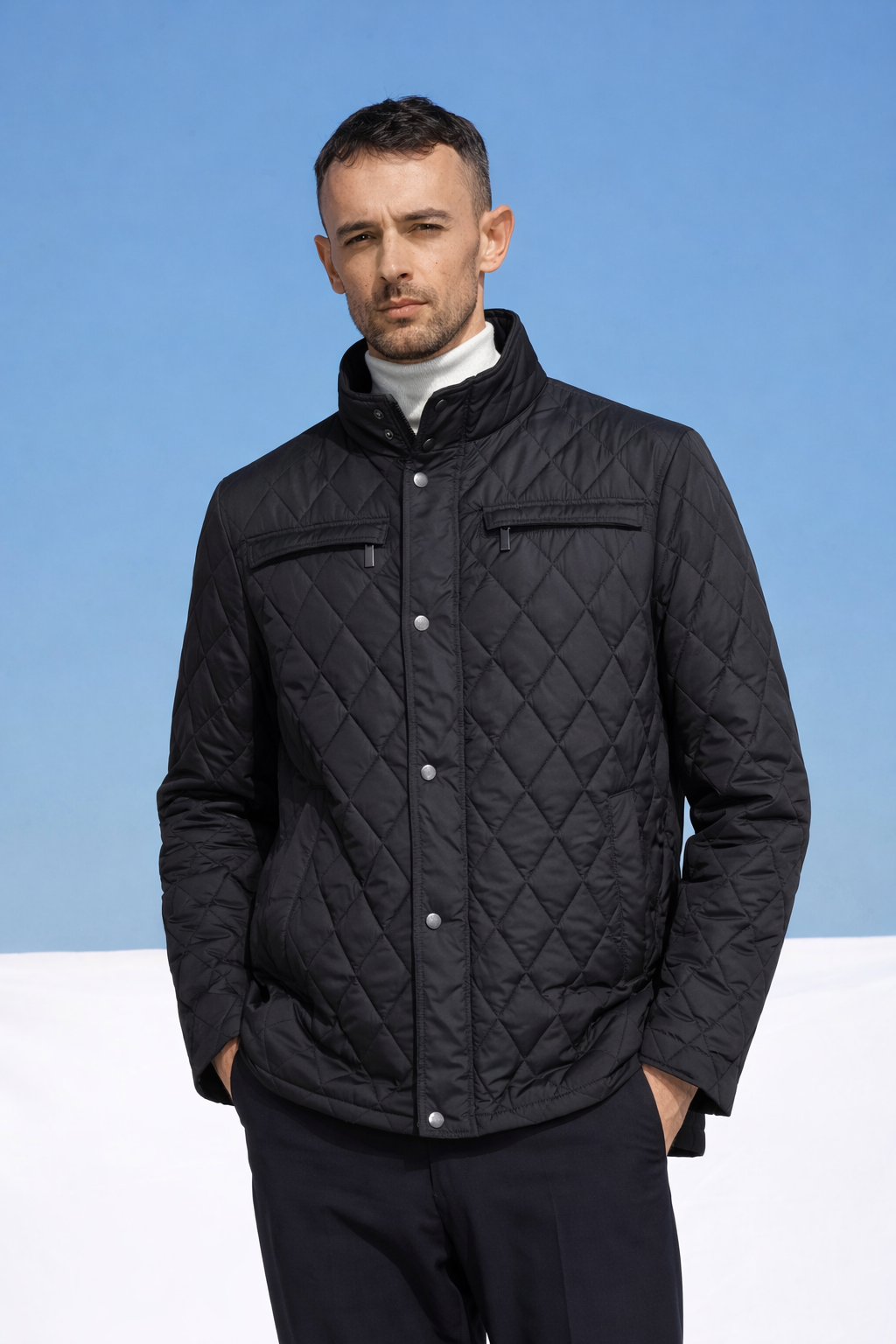Geacă bărbați matlasată navy Madzerini, design romburi, fermoare negre