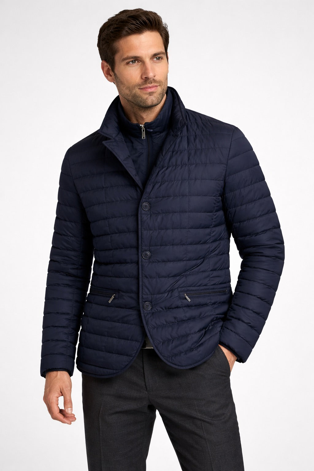 Geacă bărbați DION Madzerini dark navy, matlasată, look business casual.