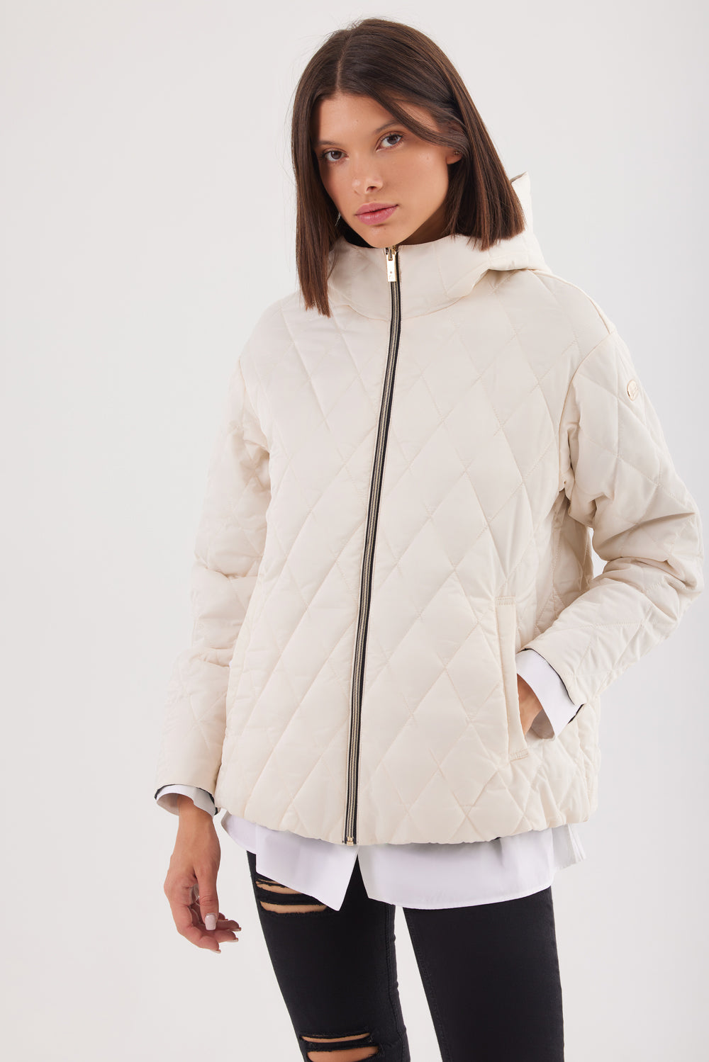 Geacă reversibilă damă LERA beige Madzerini, design matlasat, fermoar central.