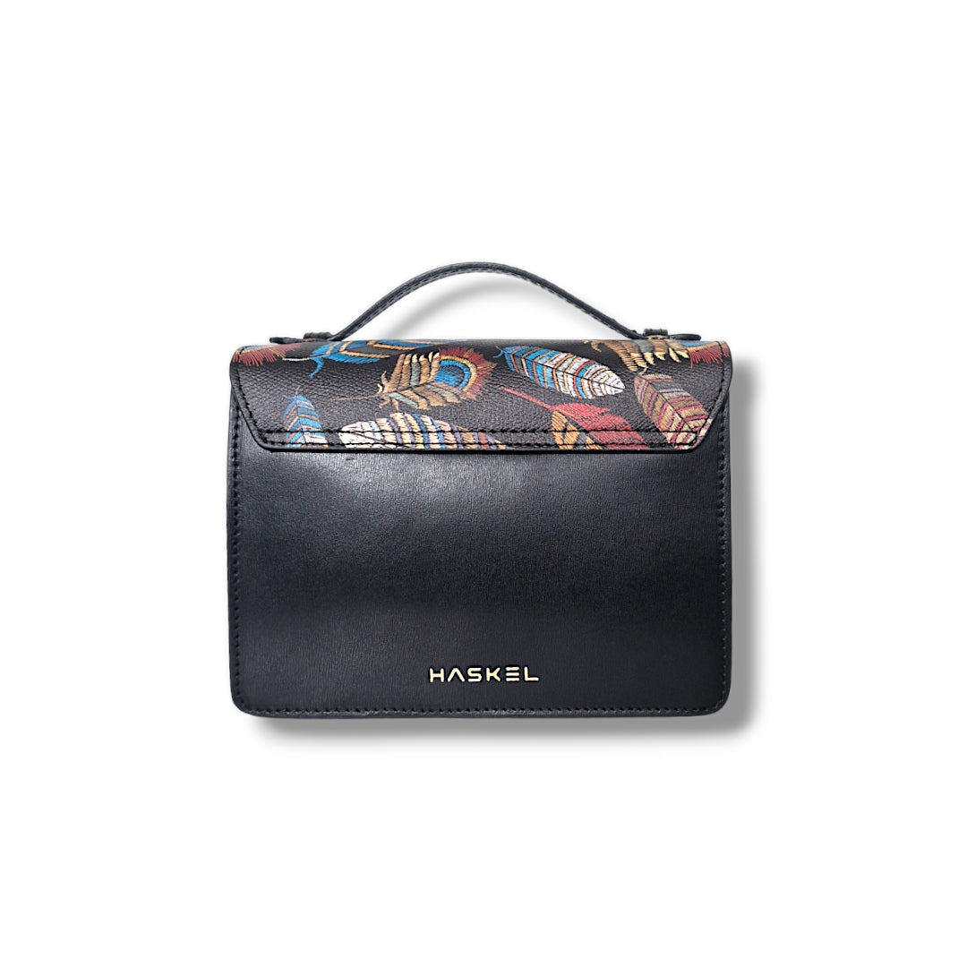 Geantă damă din piele naturală Case Orange Zigzag & Feathers Crossbody | Made in Italy
