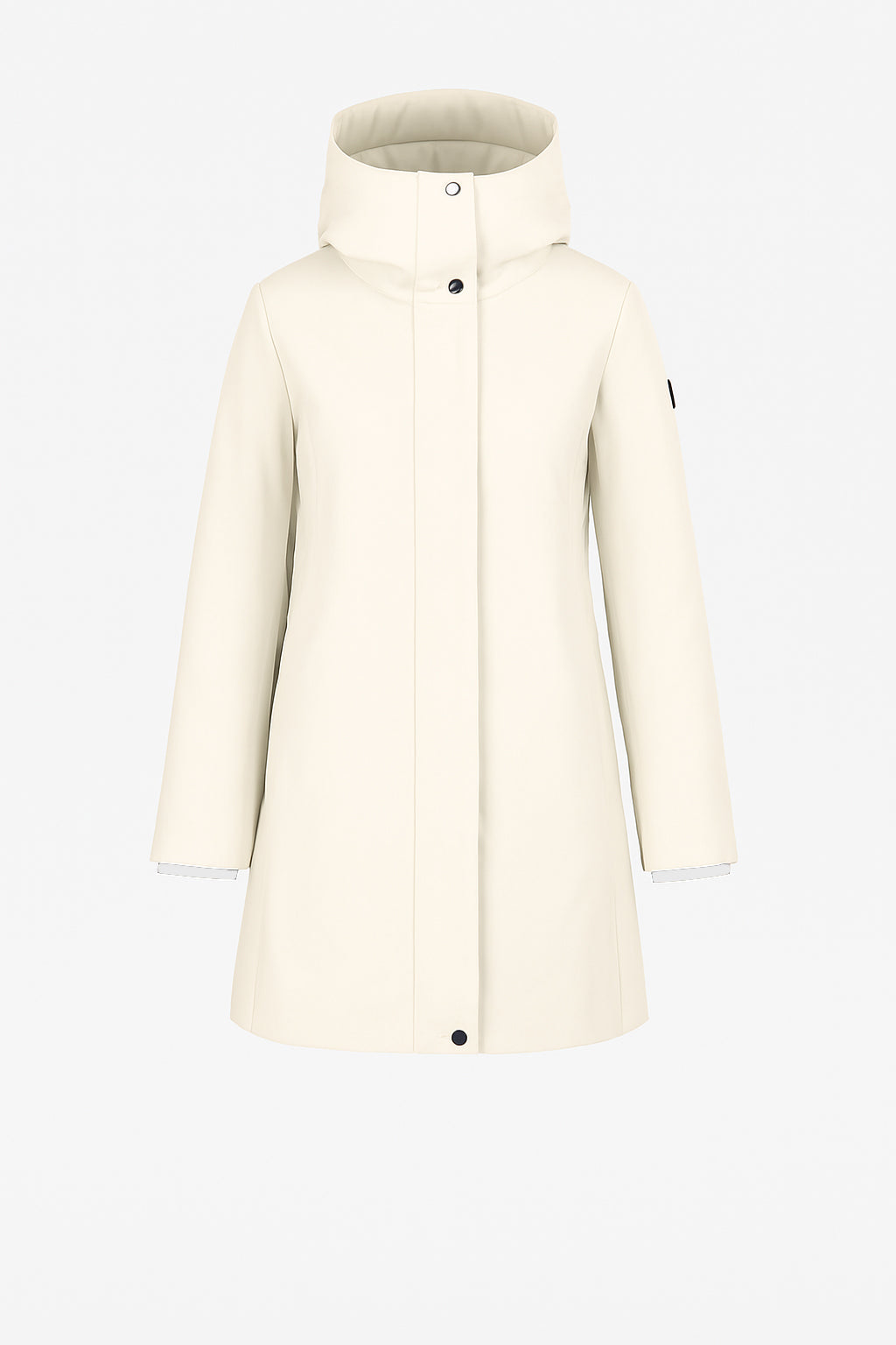 Palton impermeabil crem Madzerini cu guler înalt și design minimalist.