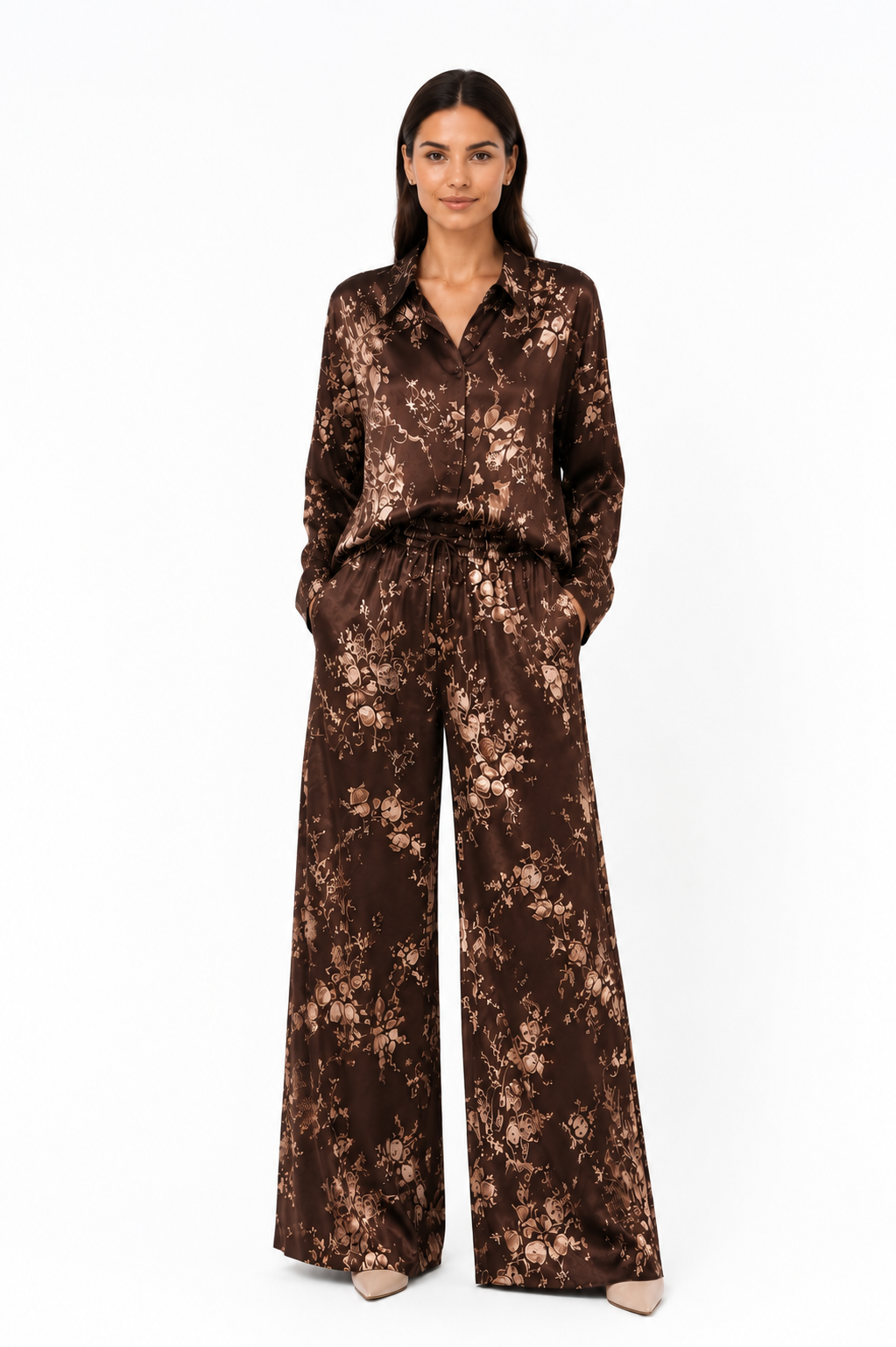 Set damă Madzerini CHOCO flowers, viscoză și mătase, imprimeu floral maro și beige.