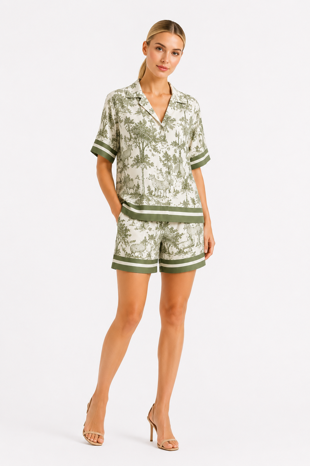 Set damă Madzerini SAFARI toile olive, imprimeu arbore și animale, mâneci scurte, material vaporos.